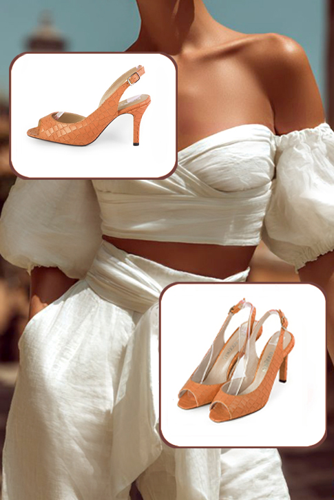 Dress heels peep-toe slingback in marigold orange leather with high slim heels and round toe - Worn view